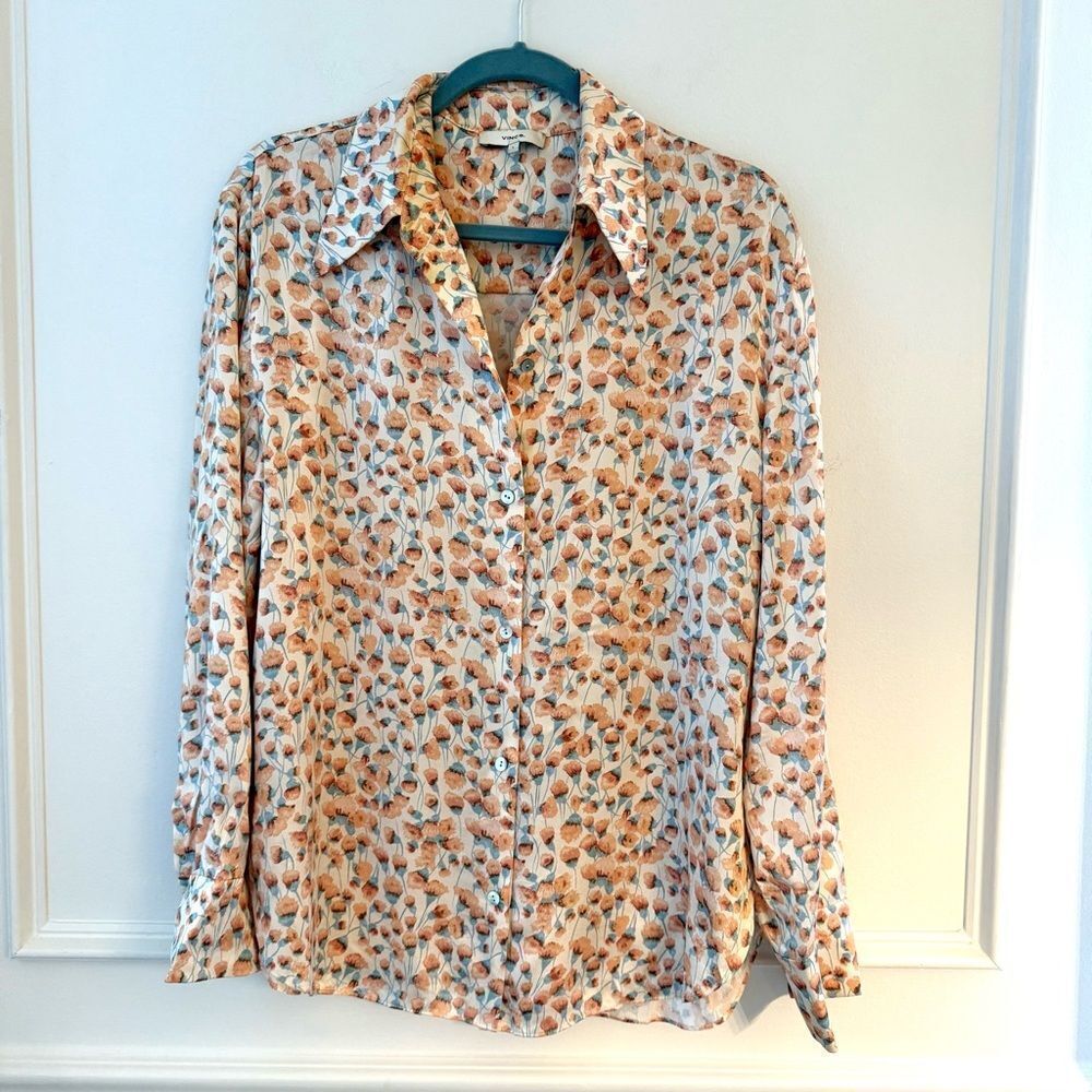 Vince Pomegranate Relaxed Long Sleeve Silk Button Down Shirt Blouse, Large NWT - Picture 2 of 10